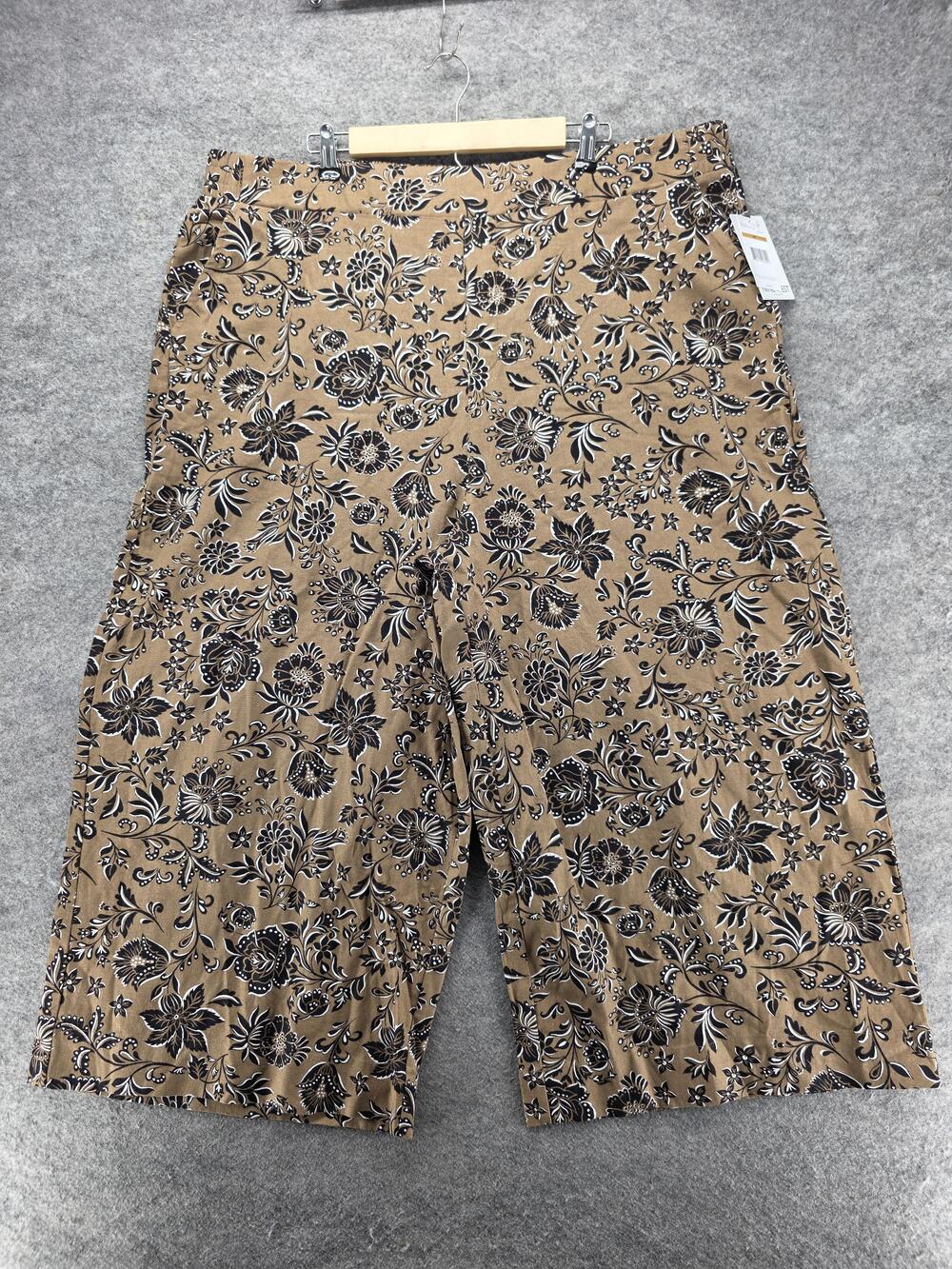 Nine West Pants Womens 3X Brown Linen Cropped Wide Leg Floral Pull On 25 In